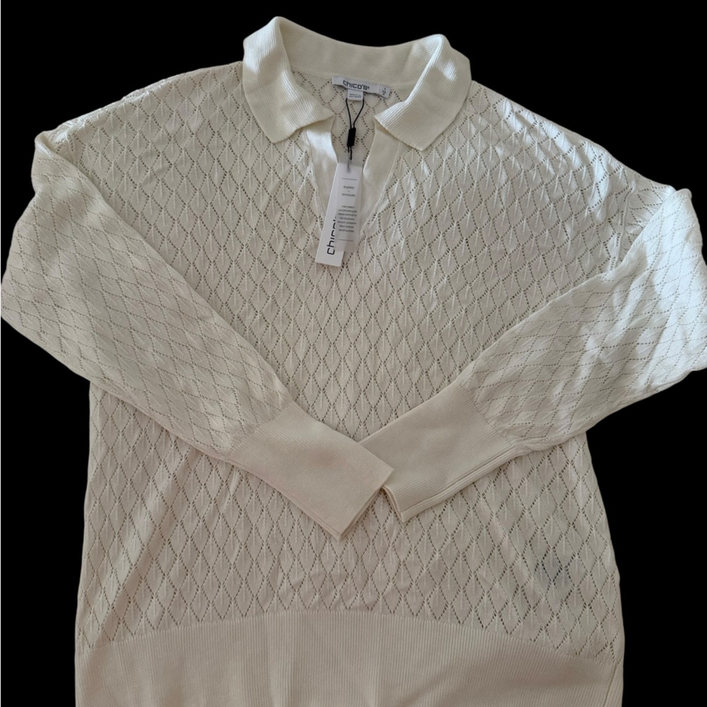 NWT Women’s Chico's | Cream Collared V-Neck Textured Sweater | Size 0 / Medium